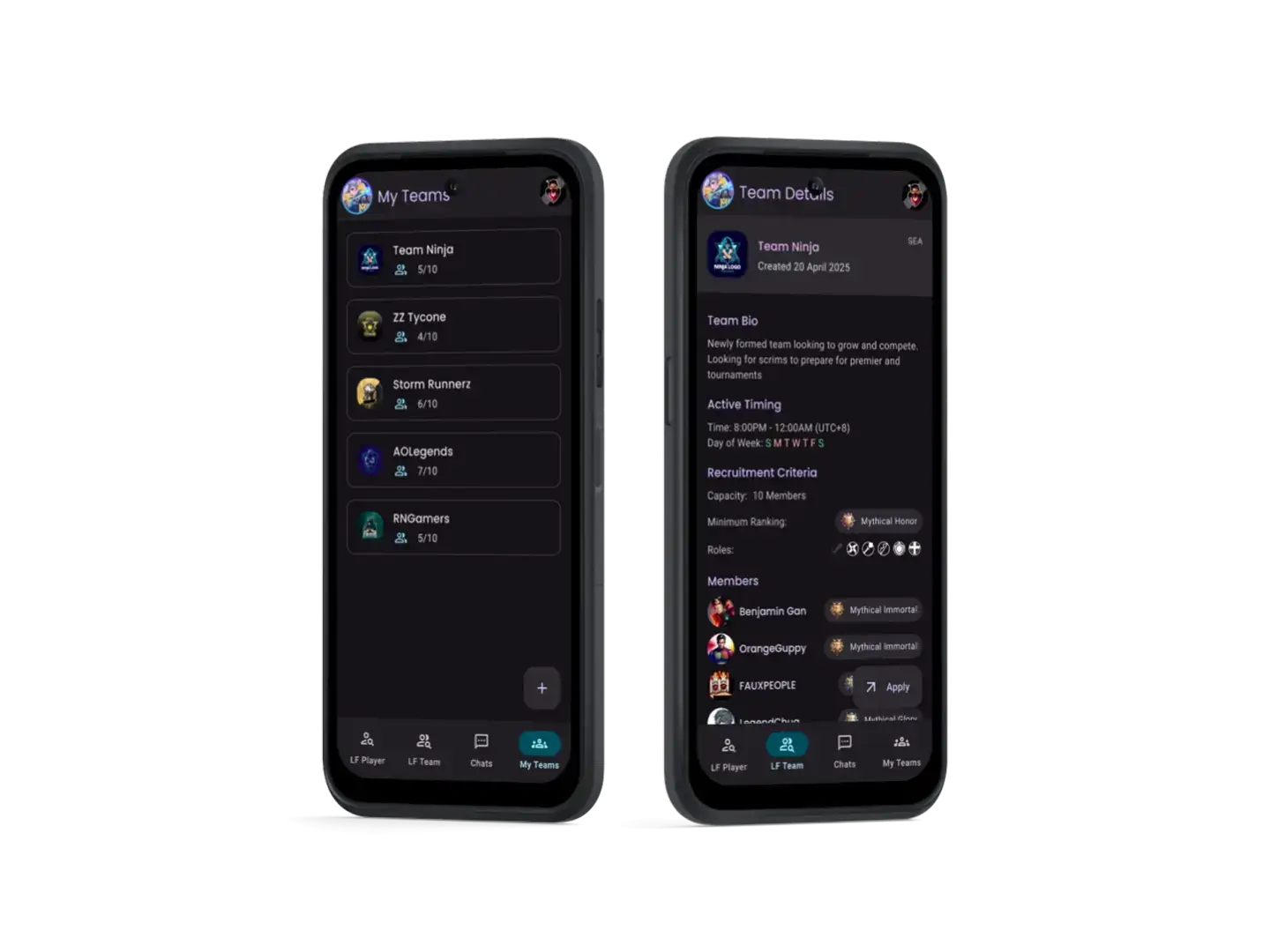 Mockup of team management and team details user interface in the app