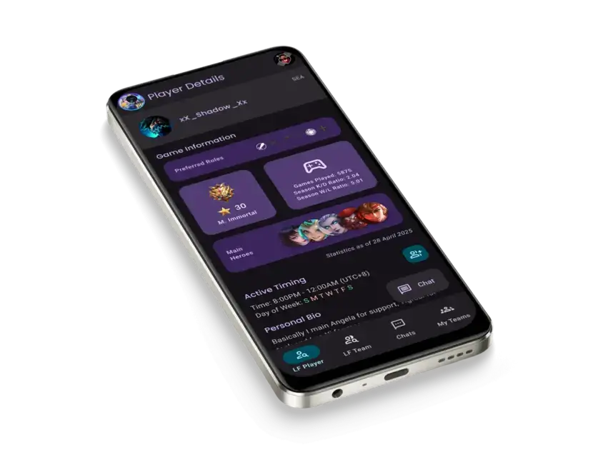 Mockup of player profile details user interface in the app
