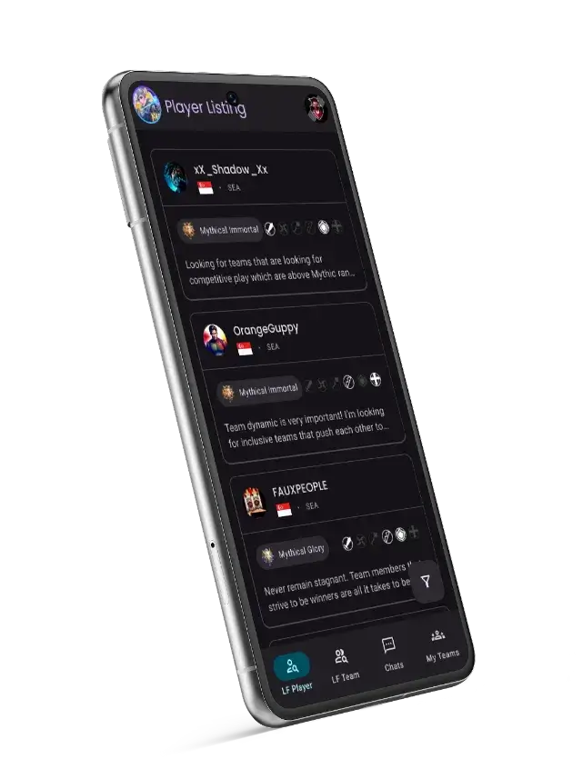 Mockup of player listing user interface in the app
