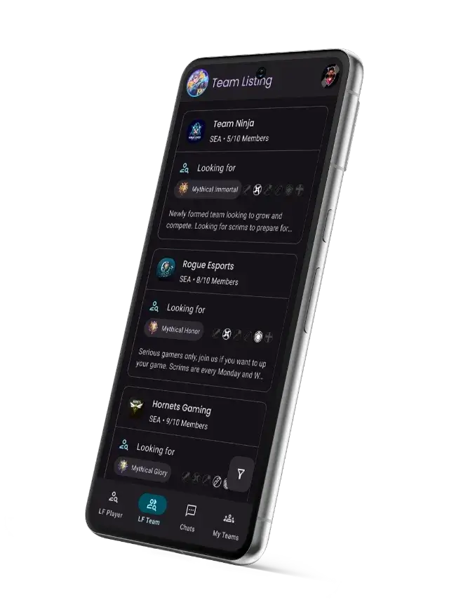 Mockup of team listing user interface in the app